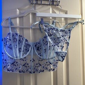 NWOT Sheer Floral Embroidered Bra and Panty Set in Light Blue